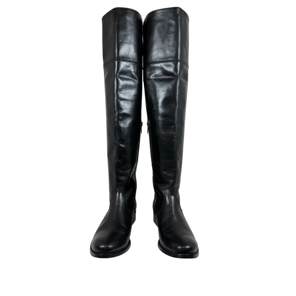 FRYE Melissa Over The Knee Leather Riding Boots, Harness Buckle, Black, Size 6.5